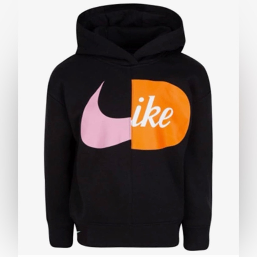 Nike Kids Black Hoodie with Pink Swoosh and Orange Logo